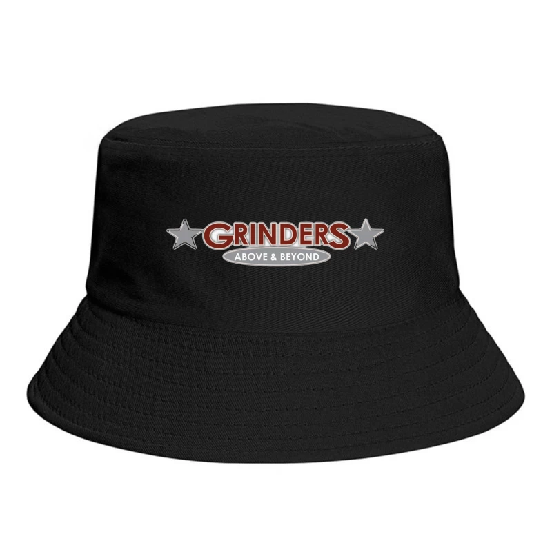 Grinders Restaurant Logo with Metallic Stars and Red Text Bucket Hat