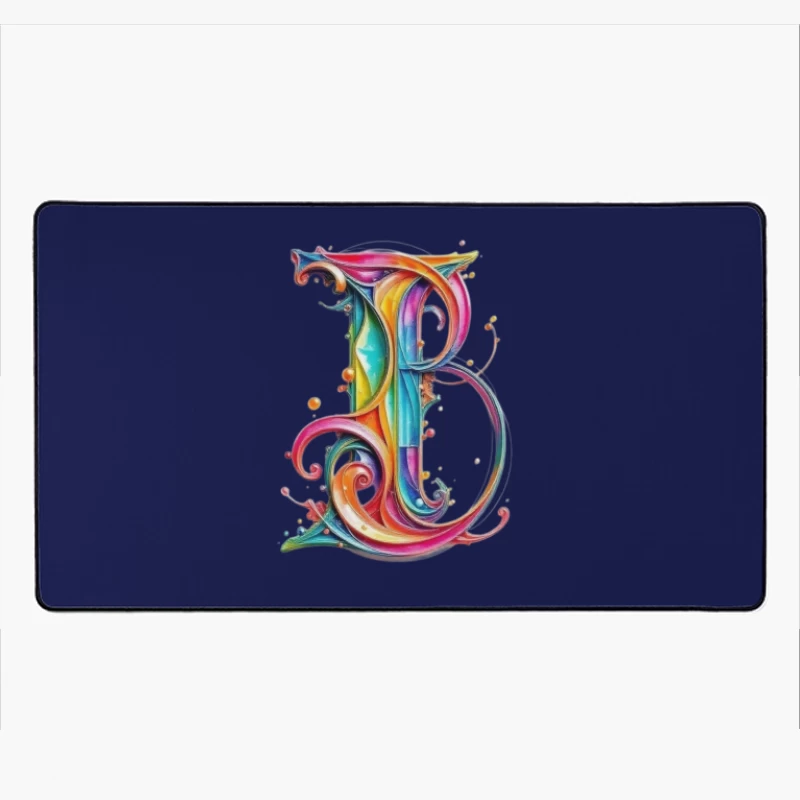 Ornate Rainbow Watercolor Letter B Typography Art Desk Mat