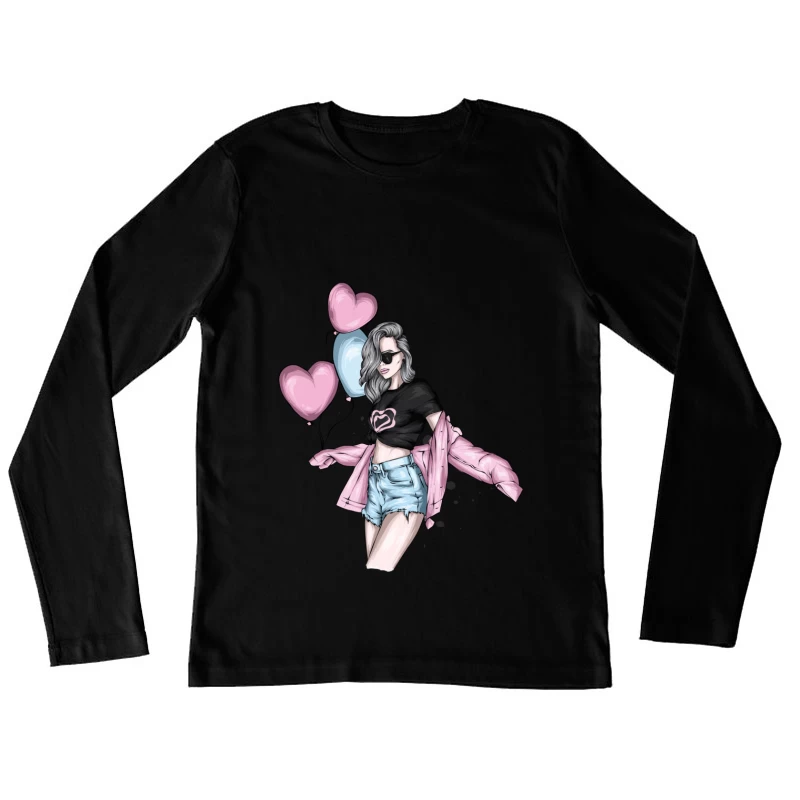 Stylish Girl with Balloons in Summer Fashion Female Long Sleeve T-Shirt