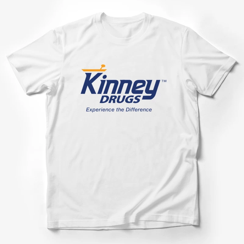 Kinney Drugs Pharmacy Logo with Blue Text and Orange Accent Male T-Shirt