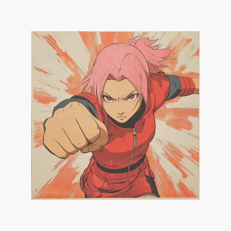 Dynamic Anime Character in Red: Action-Packed Pink-Haired Fighter Cotton Tote Bag