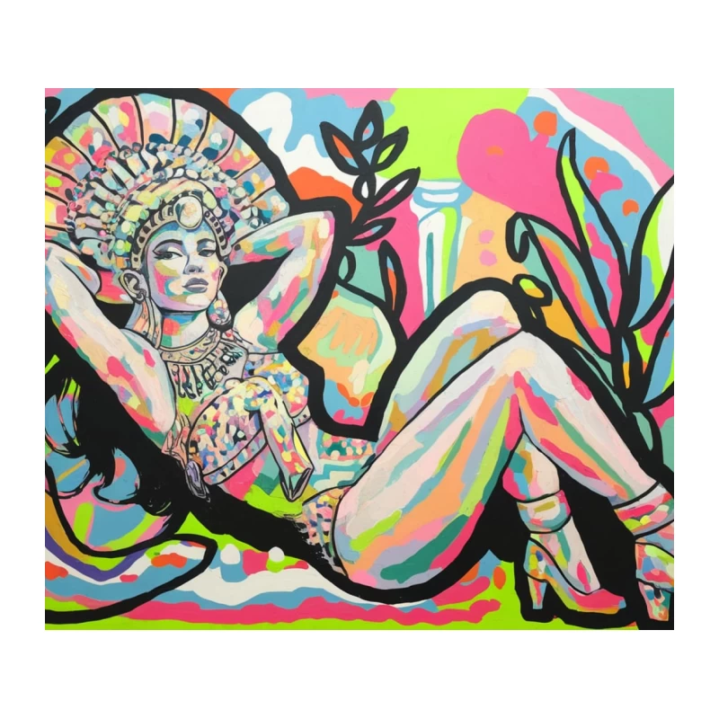 Vibrant Pop Art Painting of Reclining Figure with Tropical Motif Tapestry