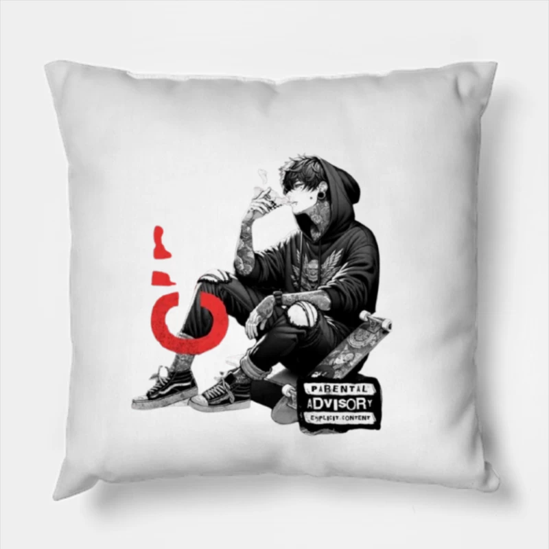 Urban Street Culture: Monochrome Skater Art with Parental Advisory Throw Pillow