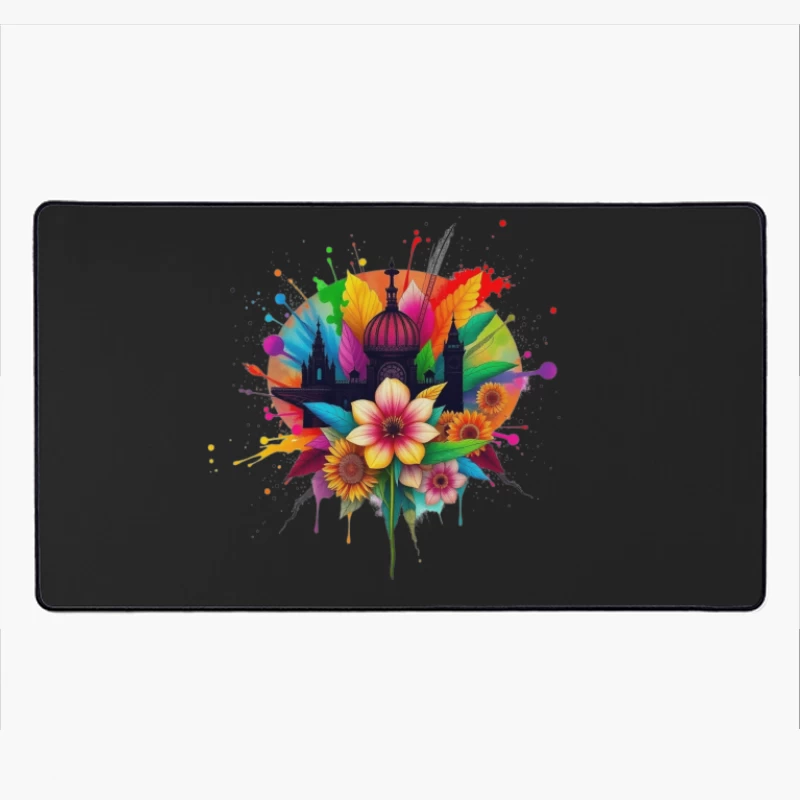 Vibrant Cathedral Silhouette with Rainbow Floral Splash Desk Mat