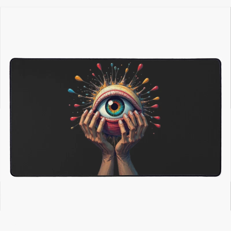 Mystical Eye Embraced by Reaching Hands with Colorful Splatter Desk Mat