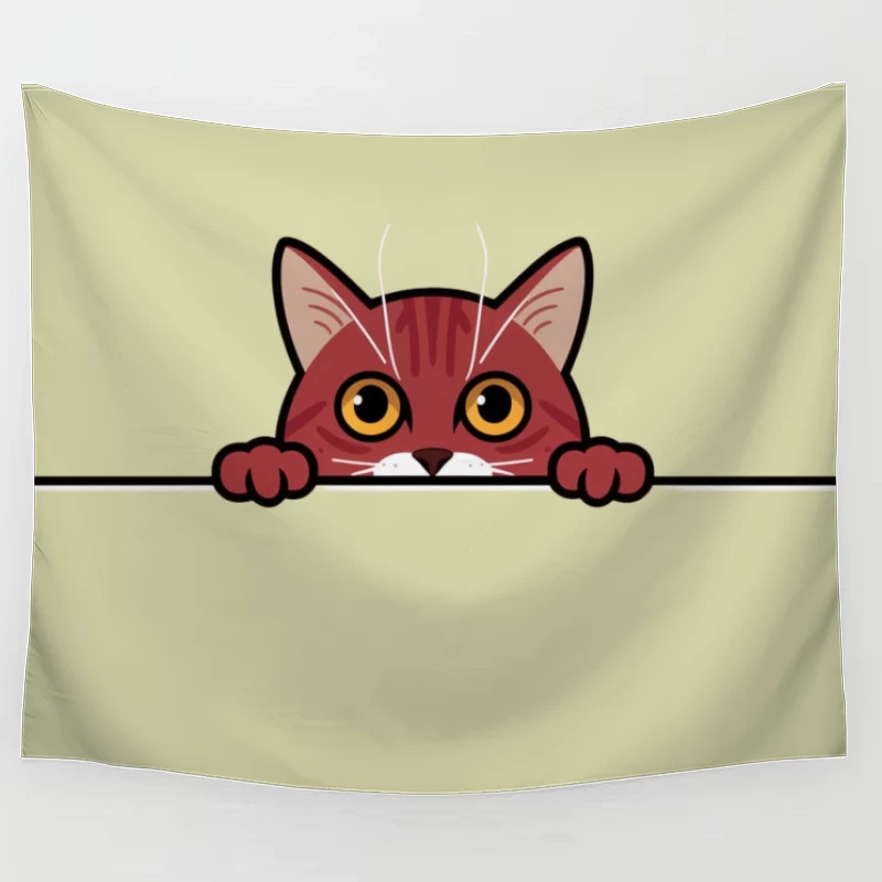 Cute Red Cartoon Cat Peeking with Yellow Eyes Tapestry