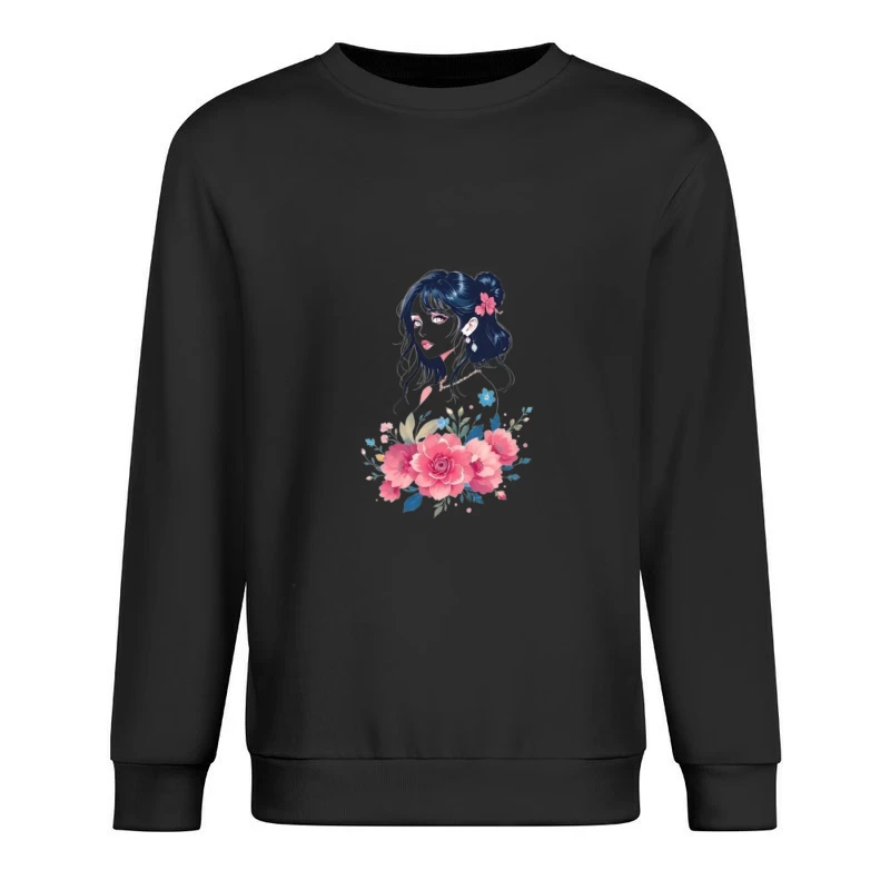 Elegant Anime Portrait with Pink Floral Arrangement Male Pullover Sweatshirt