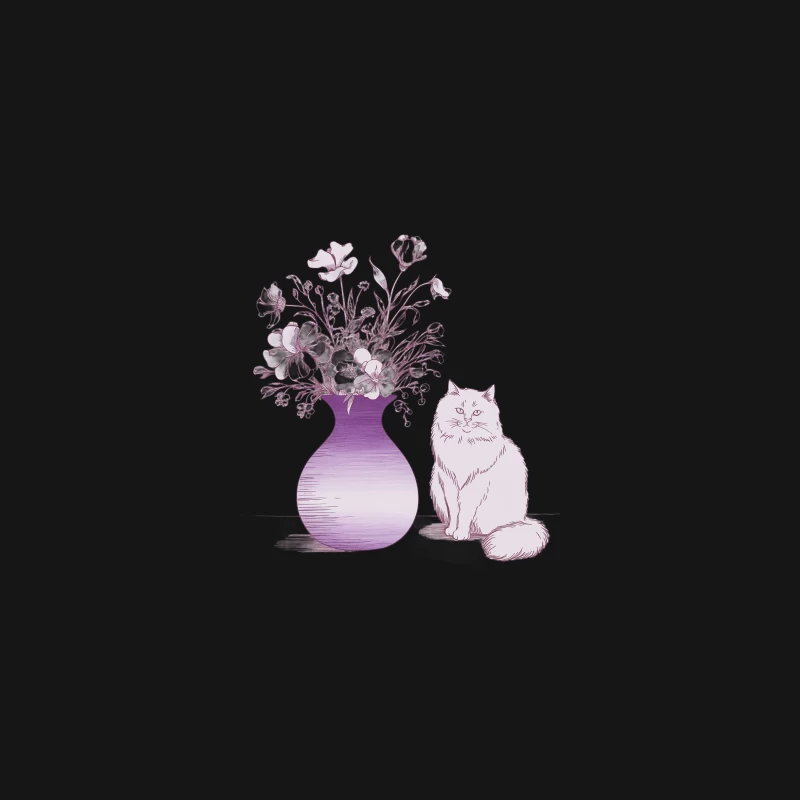 Artistic Illustration of Cat and Purple Vase with Flowers Desk Mat