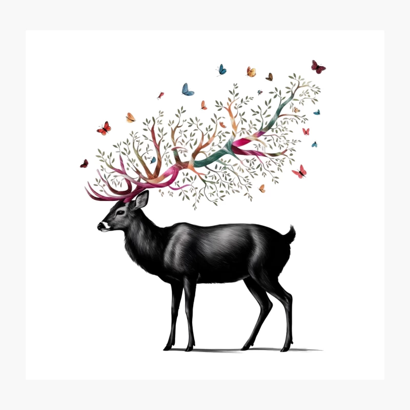 Whimsical Deer with Butterfly-Adorned Antlers: A Surreal Nature Portrait Throw Pillow