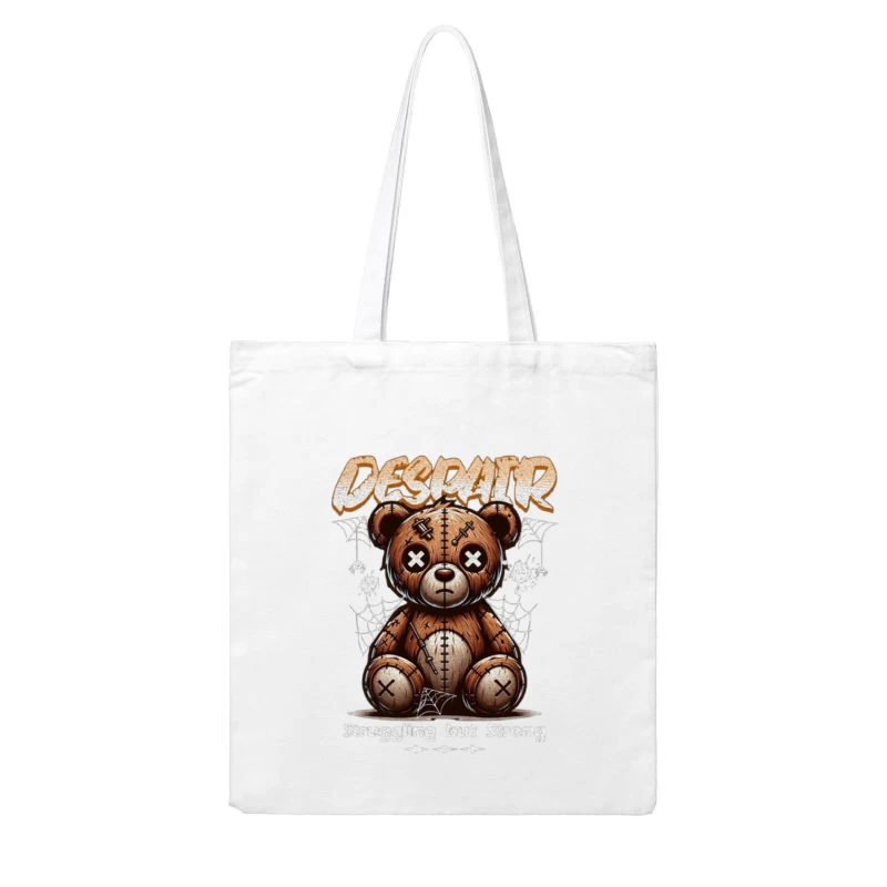 Gothic Stitched Teddy Bear with Despair Theme Cotton Tote Bag