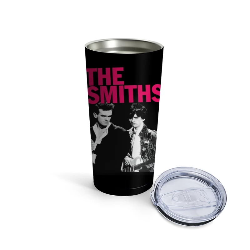 The Smiths: Iconic 1980s Indie Rock Band Portrait with Pink Logo Travel Mug