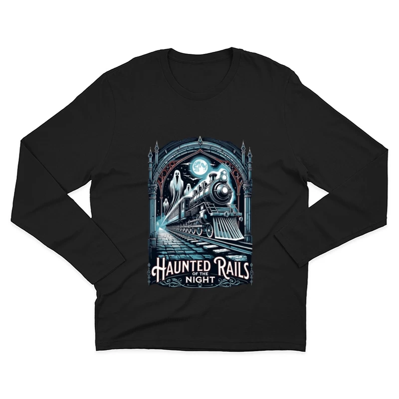 Gothic Haunted Steam Train Under Moonlit Archway Male Long Sleeve T-Shirt