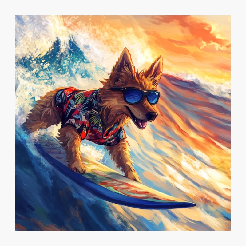 Radical Canine Surfer: Stylish Dog Rides Waves at Sunset Pin