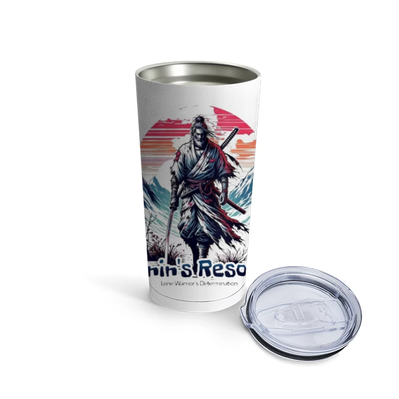 Lone Ronin's Resolve Against Mountain Sunset Travel Mug