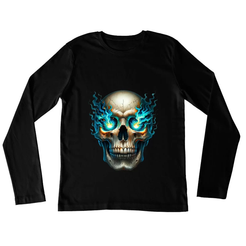 Schädel mit blauen Flammen Damen Langarm T-Shirt
