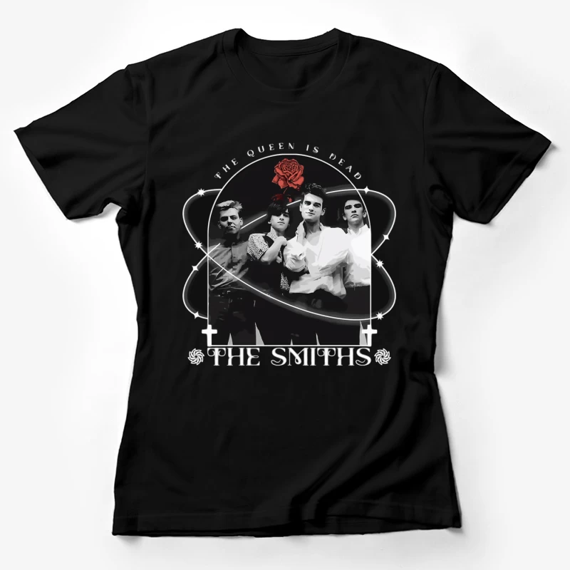 The Smiths - Vintage Black and White Band Portrait with Red Rose Female T-Shirt