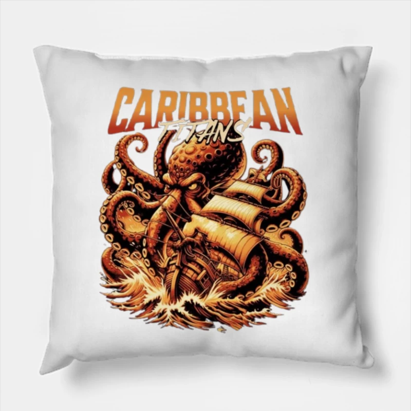 Giant Caribbean Octopus Attacking Sailing Ship Illustration Throw Pillow