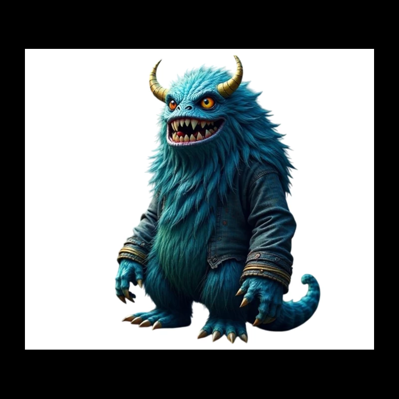 Furry Blue Monster in Denim Jacket with Golden Horns Tapestry