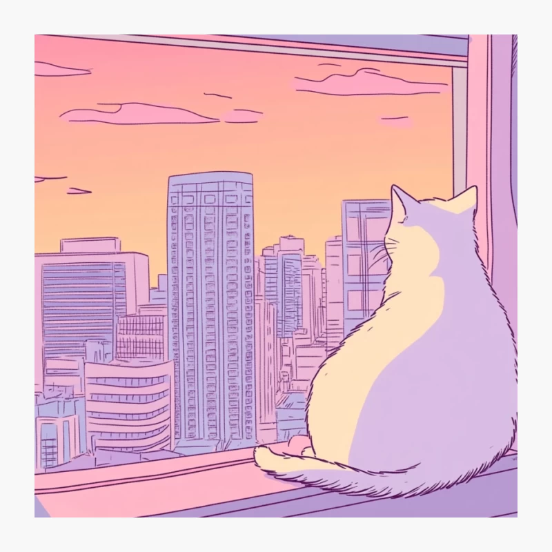 Cat Watching Sunset Cityscape from Window Pin