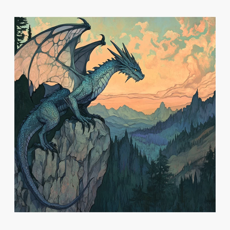 Majestic Dragon Overlooking Mountain Sunset Throw Pillow