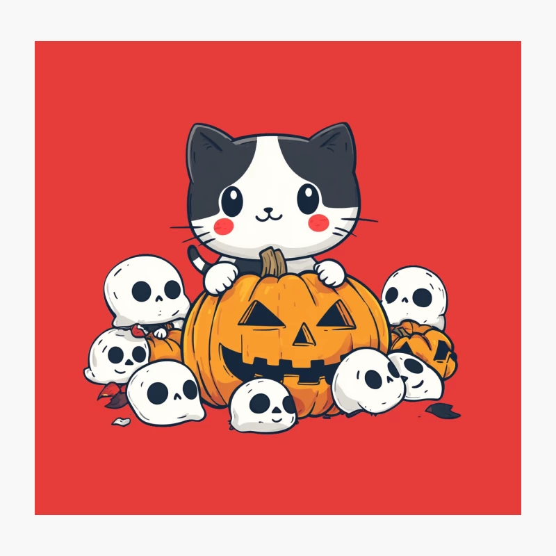 Cute Cartoon Cat with Halloween Pumpkin and Skulls Throw Pillow