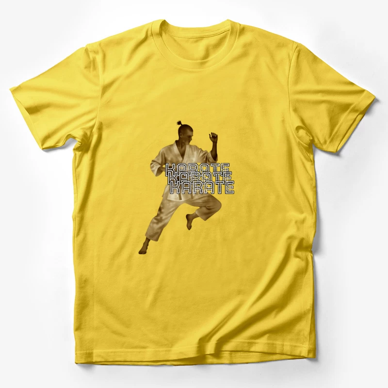 Karate Fighter in Dynamic Combat Stance with Stylized Text Male T-Shirt