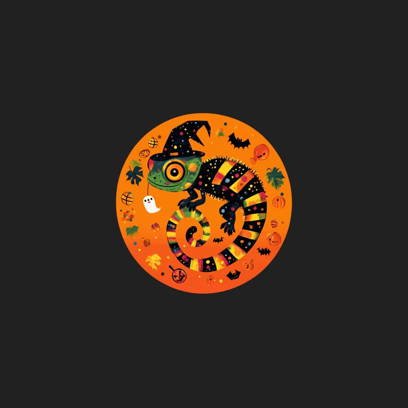Spooky Halloween Chameleon with Witch Hat on Orange Background Bucket Hat