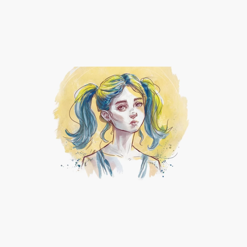 Whimsical Watercolor Portrait of Blue-Haired Anime Character Cotton Tote Bag