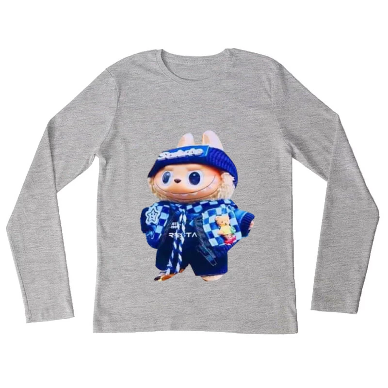 Bunter Stofftier mit blauem Outfit Damen Langarm T-Shirt