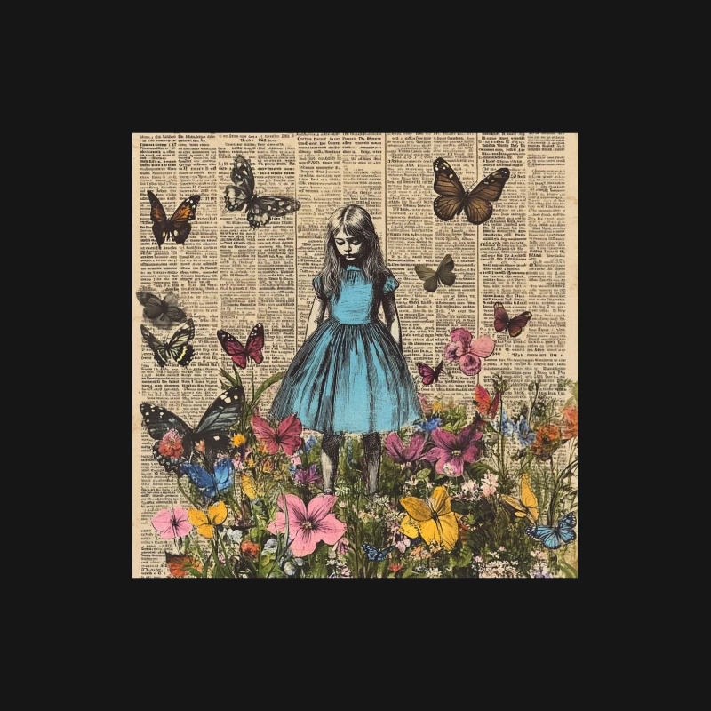 Whimsical Girl in Blue Amidst Butterflies and Flowers: A Vintage Newspaper Collage Female Long Sleeve T-Shirt
