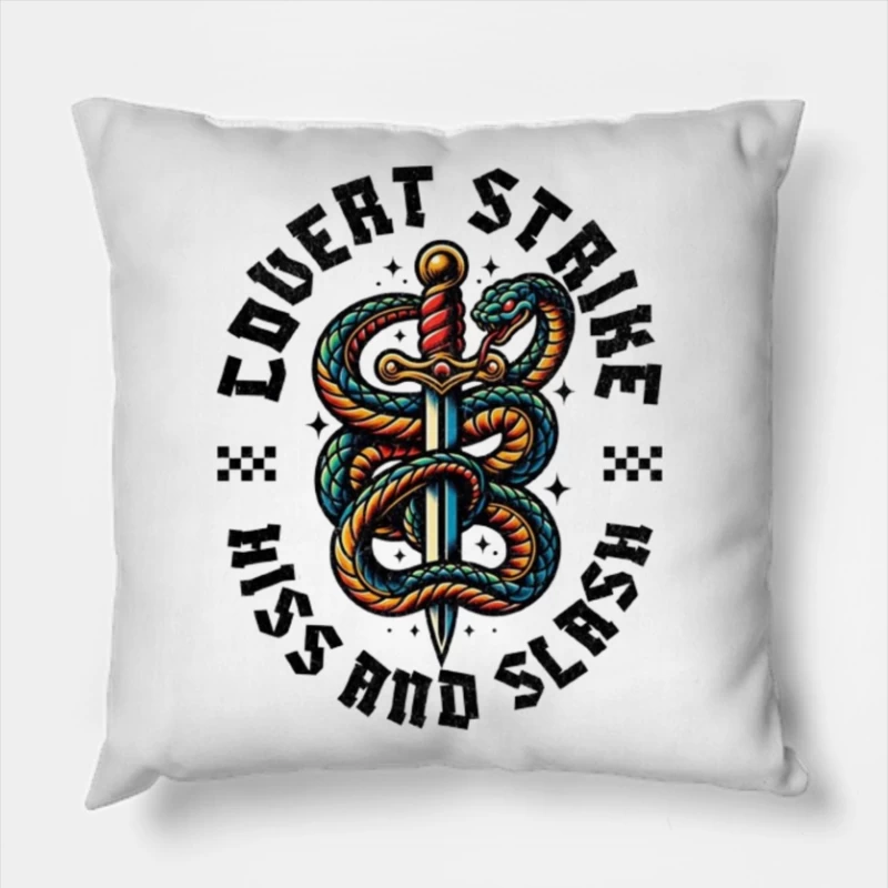 Traditional Snake and Dagger Logo Design - Covert Strike Emblem Throw Pillow