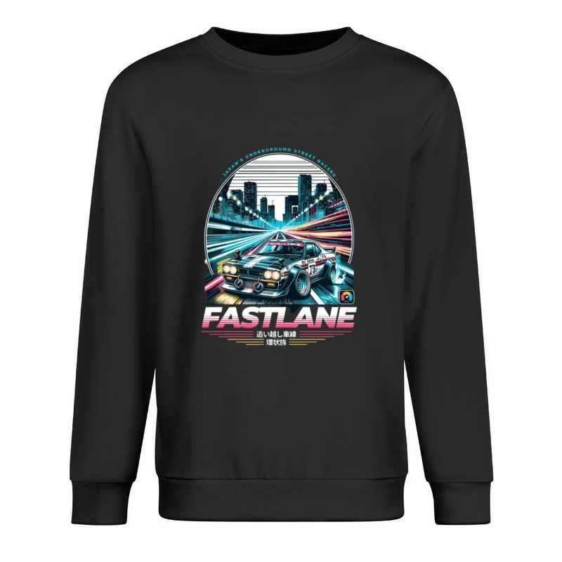 Retro Sports Car Racing Through Neon Cityscape - Synthwave Style Male Pullover Sweatshirt