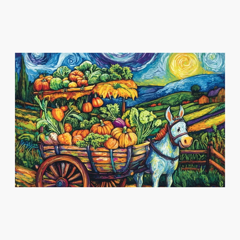 Whimsical Harvest Night: A Starry Countryside Scene with Vegetable-Laden Donkey Cart Travel Mug