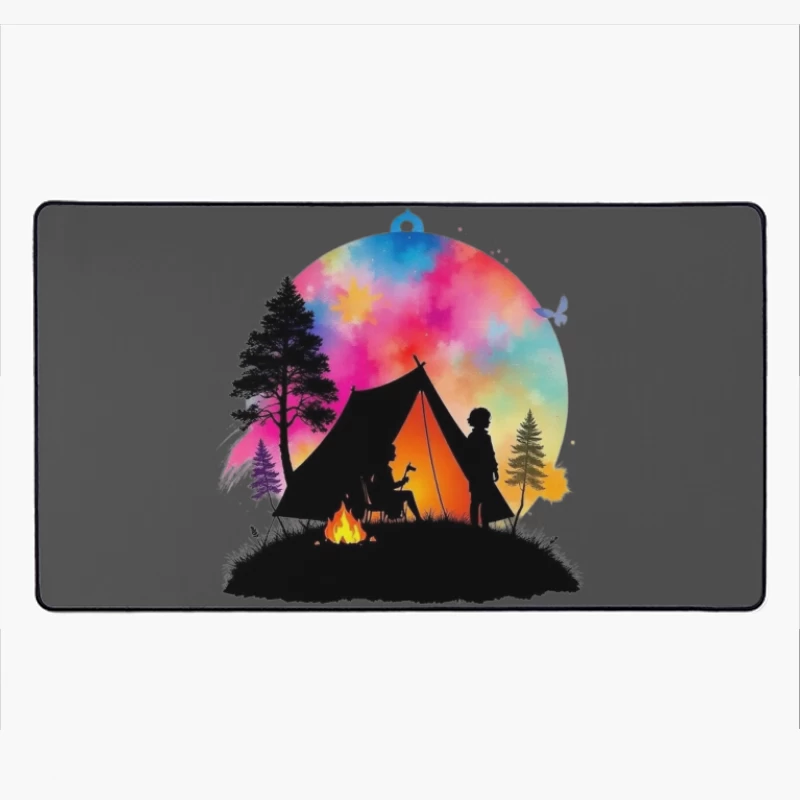 Magical Camping Night Under Colorful Aurora Sky Desk Mat