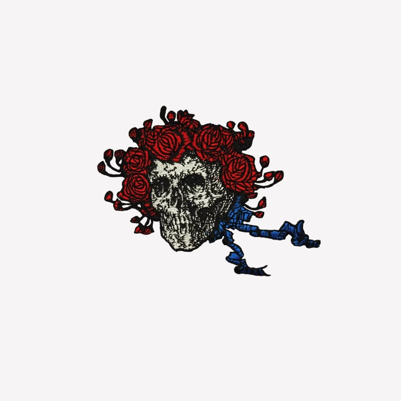 Gothic Skull with Red Roses Embroidered Patch Vintage Grateful Male T-Shirt