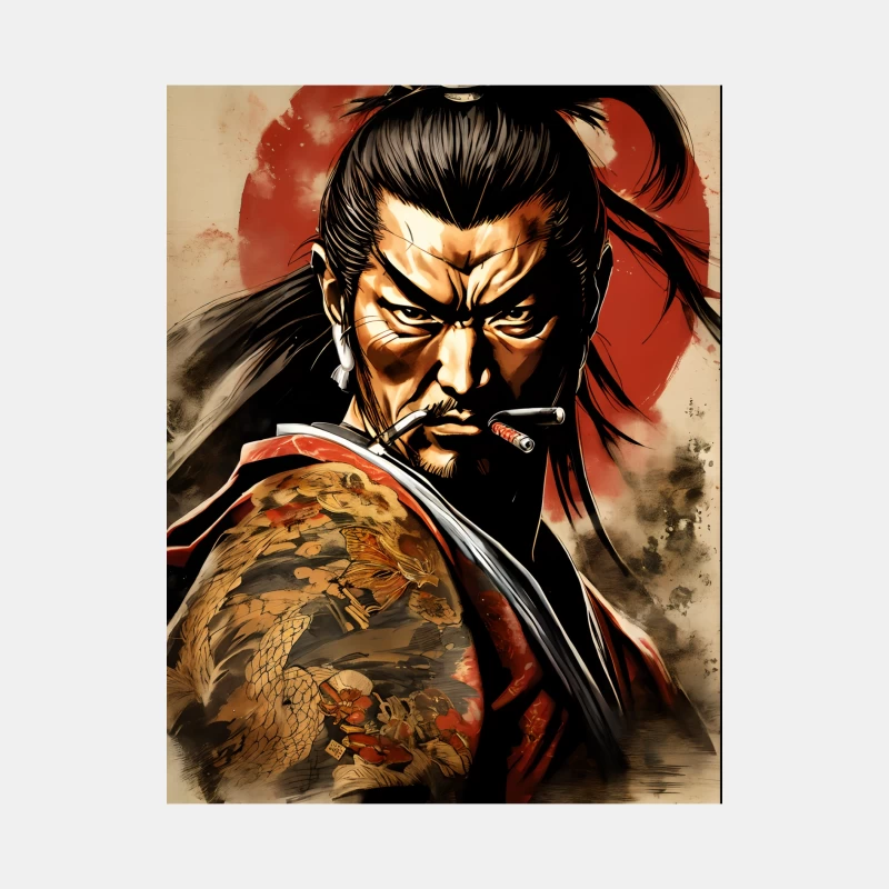 Fierce Samurai Warrior Portrait with Tattoo and Cigarette Male Tank Top