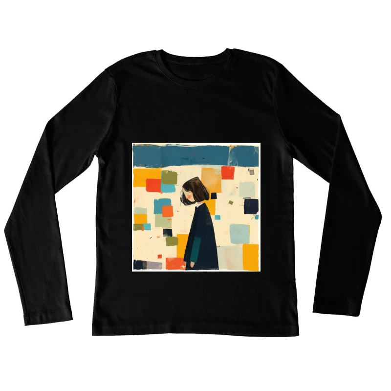 Minimalist Illustration of Figure in Black Coat Against Colorful Abstract Squares Female Long Sleeve T-Shirt