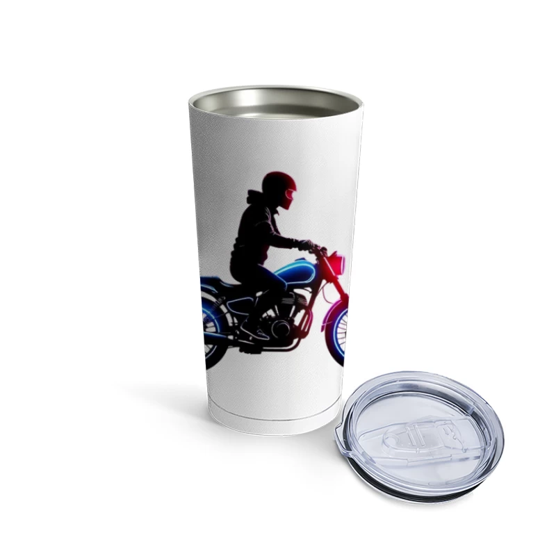 Neon-Lit Motorcycle Rider Silhouette Travel Mug