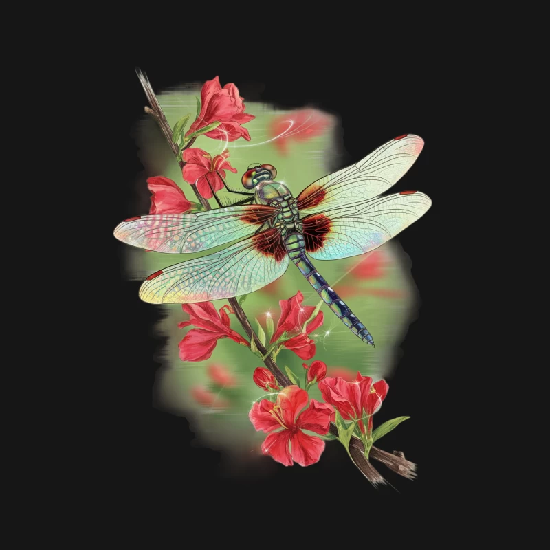Dragonfly Perched on Red Blossoms: A Natural Illustration Female Long Sleeve T-Shirt