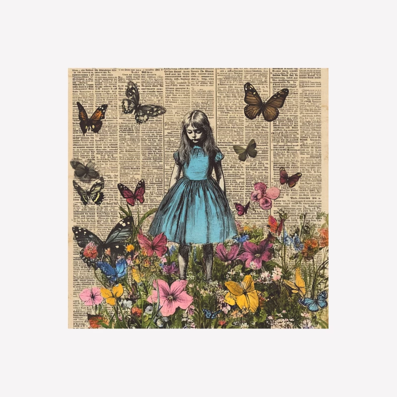 Whimsical Girl in Blue Amidst Butterflies and Flowers: A Vintage Newspaper Collage Female T-Shirt