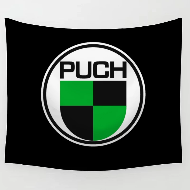 Vintage Puch Motorcycle Company Logo with Green and Black Shield Design Tapestry