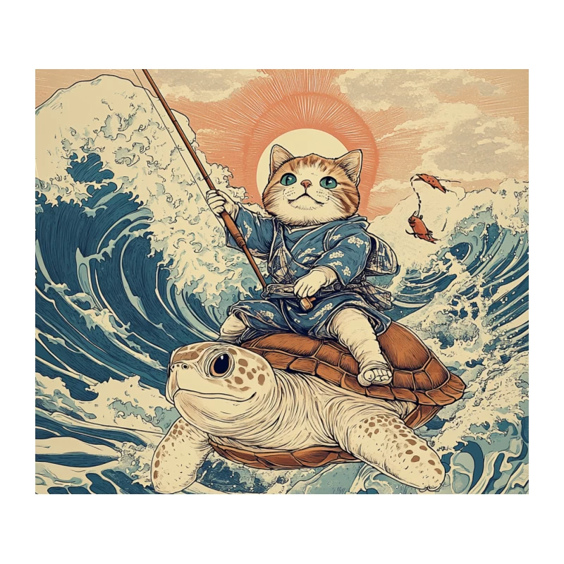 Surreal Cat Fishing on Turtle in Japanese Wave Art Tapestry