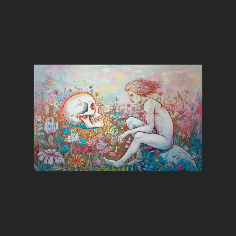 Surreal Encounter: Nude Figure and Skull in Vibrant Flowerscape Male Pullover Sweatshirt