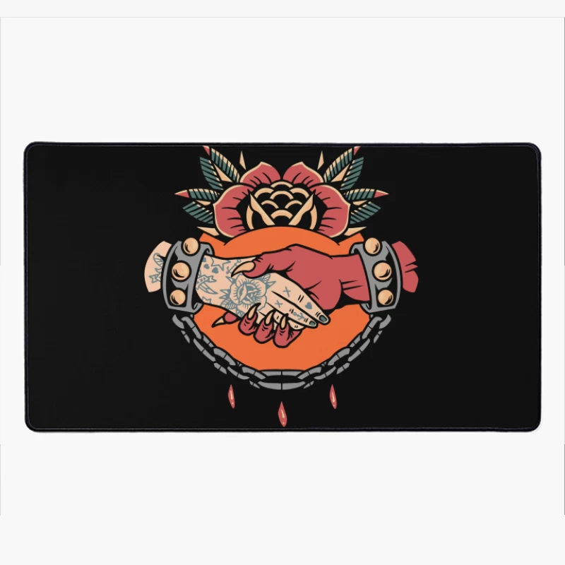 Symbolic Handshake Artwork with Floral and Chain Elements Desk Mat