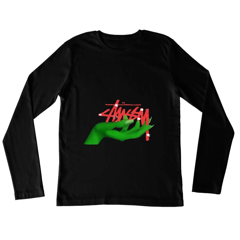 Grünes Handdesign mit rotem Schriftzug Damen Langarm T-Shirt