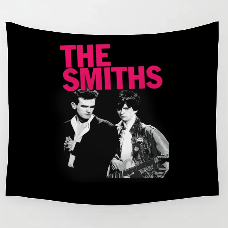 The Smiths: Iconic 1980s Indie Rock Band Portrait with Pink Logo Tapestry