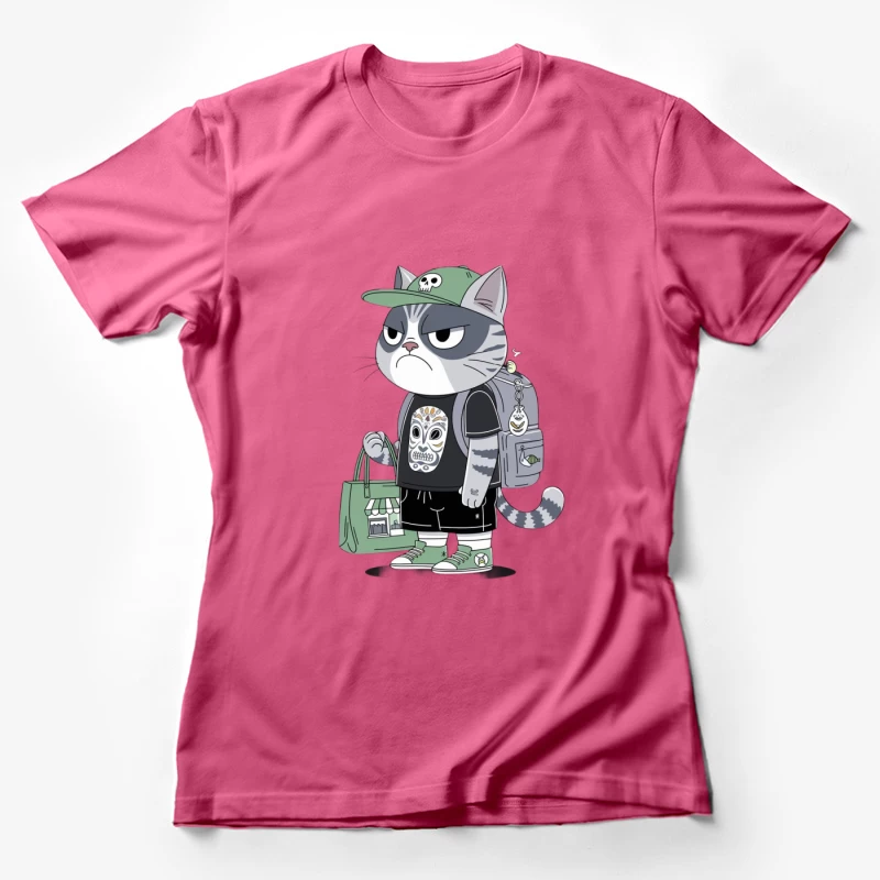 Grumpy Street Cat with Skull Streetwear and Backpack Female T-Shirt