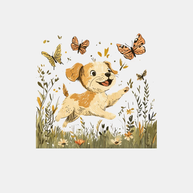 Playful Puppy Frolicking with Butterflies in a Flowery Meadow Male Tank Top