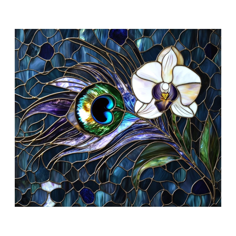 Elegant Peacock Feather and Orchid Stained Glass Mosaic Tapestry