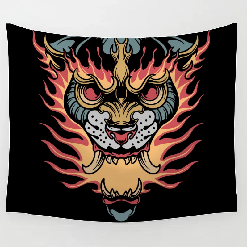 Flaming Tiger Head Design Tapestry